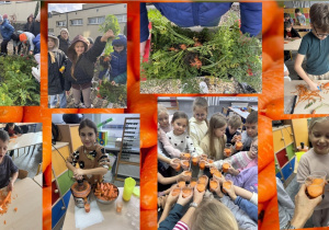 Na kolażu zdjęć widzimy uczniów klasy 2 b podczas pracy w szkolnym ogródku. Na pierwszym zdjęciu dzieci z zaangażowaniem wyrywają z ziemi dorodne marchewki. Kolejne ujęcie pokazuje, jak starannie obierają warzywa, przygotowując je do dalszej obróbki. Następnie na zdjęciu widać moment, gdy korzystają z sokowirówki, wyciskając świeży sok. Ostatnia fotografia to wspólna radość – uczniowie pozują do zdjęcia, trzymając kolorowe kubki z marchewkowym sokiem, dumnie prezentując efekt swojej pracy.