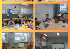 Kolaż przedstawia zdjęcia uczniów klasy 3b podczas przygotowywania sałatki ziemniaczanej.