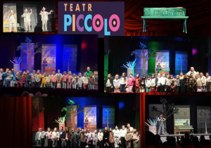 Uczniowie klas 2a, 2b i 2c wraz z wychowawcami na tle teatralnej scenografii po zakończeniu spektaklu.