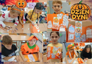 Kolaż zdjęć przedstawiający uczniów klasy 2a podczas wykonywania dyniowych lapbooków. Dwoje uczniów trzyma w rękach wykonane przez siebie prace.