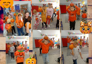 Uśmiechnięci uczniowie podczas zabaw dywanowych z wykorzystaniem dyń.