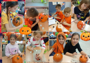 Uczniowie malują farbami przyniesione przez siebie dynie.