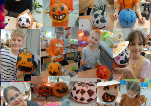 Dzieci prezentują pomalowane przez siebie dynie.