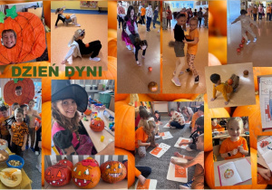 Kolaż przedstawiający uczniów podczas degustacji ciast i słodyczy przygotowanych przez Rodziców. Widoczna wystawa dyń malowanych farbami plakatowymi oraz karta pracy w zeszycie przedstawiająca etapy rozwoju dyni. Na korytarzu szkolnym odbywają się zawody sportowe – uczniowie, podzieleni na dwie drużyny, rywalizują w konkurencjach takich jak bieg slalomem między dyniami, „taczki”, przenoszenie dyni na brzuchu w podporze oraz bieg w parze. Na innym ujęciu uczniowie siedzą na dywanie, mają przed sobą sylwety dyń oraz pestki, które przeliczają zgodnie z instrukcją nauczyciela.