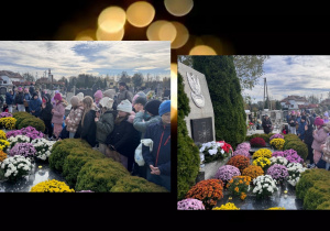 Kolaż zdjęć przedstawiający uczniów na cmentarzu zapalających znicze przy Grobie Nieznanego Żołnierza.