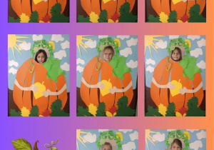 Kolaż zdjęć przedstawia uczennice klasy 3b w ramce dyni.