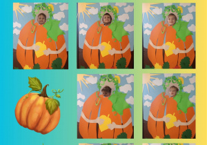 Kolaż zdjęć przedstawia chłopców z klasy 3b w ramce dyni.