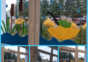 Dekoracja okienna: żabki w krawatach i muszkach, parasole krople deszczu, zbiornik wodny i tatarak. Dekoracje wykonane pod opieką Pani P. Filipczak.