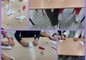 Żabki z białego papieru wykonane w 3D. Dekoracje wykonane pod opieką Pani A. Ruty.