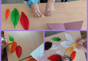 Jesienne liście wykonane z harmonijki. Dekoracje wykonane pod opieką Pani A. Ruty.