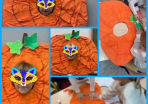 Duża dynia wykonana z bibuły i kartonu z wyciętym otworem do wstawiania głowy. Dzieci pozują do zdjęć. Dekoracja wykonana pod opieką Pani J. Zach.