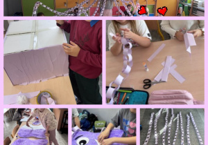 Praca wykonana w ramach akcji charytatywnej „Ośmiornica symbolem wcześniaków.” Duży karton i papierowe łańcuchy w kolorystyce fioletowej. Dekoracja wykonana pod opieką Pani J. Zach.