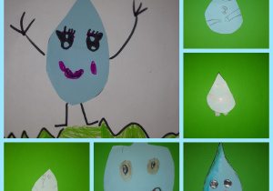 Krople wody wycięte z papieru, które mają buzie, nogi i ręce. Dekoracje wykonane pod opieką Pani P. Filipczak.