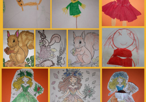 Kolaż zdjęć jesiennych: lisy, strach na wróble, wiewiórki i Pani Jesień. Dekoracje wykonane pod opieką Pani P. Filipczak.