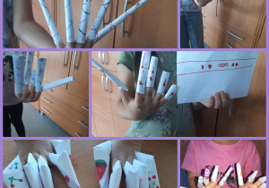 Prace własne uczniów: papierowe palce i paznokcie. Dekoracje wykonane pod opieką Pani P. Filipczak.