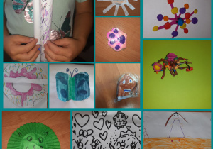 Prace własne uczniów: ośmiornice, lew, pączek, rybki. Dekoracje wykonane pod opieką Pani P. Filipczak.