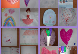 Prace własne uczniów z okazji Dnia Nauczyciela: kwiaty serca, tęcza i domki. Dekoracje wykonane pod opieką Pani P. Filipczak.