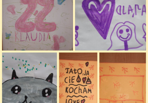Prace własne uczniów: koty, serca, kartka urodzinowa. Dekoracje wykonane pod opieką Pani P. Filipczak.