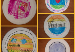 Prace wykonane na papierowych talerzach- jesienne krajobrazy. Dekoracje wykonane pod opieką Pani P. Filipczak.