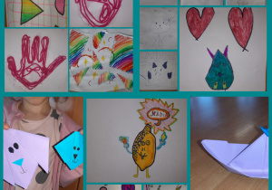 Prace własne uczniów: koty, psy, serca, owoce, dłonie i figury geometryczne. Dekoracje wykonane pod opieką Pani P. Filipczak.