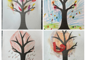 Kolaż zdjęć: jesienne drzewa. Dekoracja wykonana pod opieką Pani P. Grabowskiej.