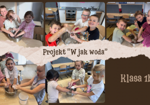 Kolaż zdjęć przedstawia uczniów klasy 1b, którzy z zaangażowaniem "badają" właściwości cieczy nienewtonowskiej.