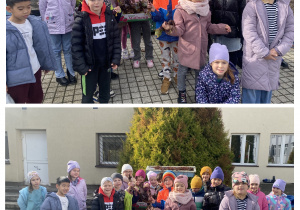 Uczniowie klasy 1 C prezentują zebrane buraki.