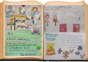 Zdjęcie przedstawia kolaż prac uczniów klasy 2a. Są to ich własne recenzje wybranych książek, m.in. ,,Hania Humorek”, ,, Tajemnice hotelu” oraz ,,Kubuś Puchatek okazuje życzliwość”.