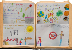 Zdjęcie przedstawia kolaż prac uczniów klasy 2a. Są to ich własne recenzje wybranych książek, m.in. ,,Zielone piórko", ,,Awantura w śmietniku", ,,Nie rozmawiamy z nieznajomymi".