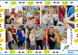 Zdjęcie przedstawia dzieci podczas zabaw integrujących zespół klasowy. Uczniowie przybijają sobie piątkę, witają się uściskiem dłoni oraz wykonują „żółwika”, budując w ten sposób pozytywne relacje i radosną atmosferę w grupie.