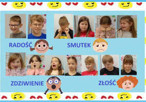 Zdjęcie przedstawia uczniów klasy 2A odzwierciedlających wylosowane emocje. Uczniowie prezentują radość, smutek, zaskoczenie oraz złość.