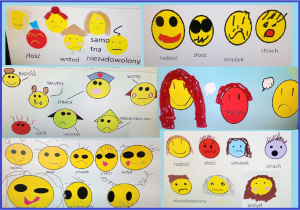 Zdjęcie przedstawia prace uczniów wykonane na zajęciach informatycznych. Uczniowie w programie Paint rysowali buźki przedstawiające różne emocje.