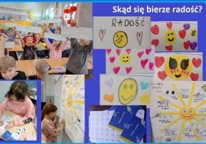 Uczniowie trzymają w rękach swoje indeksy. Na zdjęciu dziewczynka przykleja na plakacie wykonany rysunek przedstawiający sytuację, w której odczuwa radość. Widoczny jest również wspólny plakat uczniów pod hasłem „Radość”.