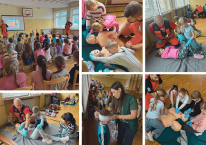 Kolaż zdjęć uczniów klas 1a i 1b podczas zajęć pierwszej pomocy.