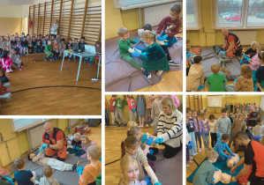 Kolaż zdjęć uczniów klas 1c i 1d podczas zajęć pierwszej pomocy.