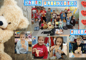 Zdjęcie przedstawia uczniów klasy 2a trzymających swoje misie oraz inne pluszowe zabawki. Czworo dzieci prezentuje misie wykonane samodzielnie z wyciętych, papierowych elementów.