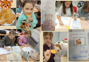 Uczniowie pracują w swoich zeszytach, uzupełniając rozpoczęte zdania oraz rysując misia. Dwie dziewczynki degustują wafelki polane miodem.