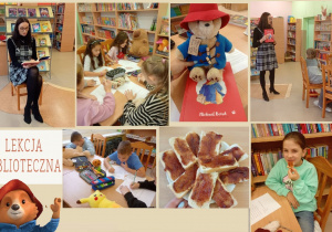 Zdjęcie przedstawia lekcję biblioteczną. Pani bibliotekarka czyta uczniom fragment książki ,,Miś zwany Paddington", a uczniowie pracują w grupach nad przygotowanymi zadaniami. Dziewczynka degustuje chleb posmarowany marmoladą.