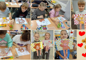 Zdjęcie przedstawia uczniów wykonujących pracę plastyczną pt. „Miś”. Dzieci trzymają w rękach swoje gotowe prace.