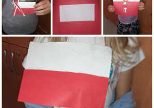 Flagi i kotyliony wycięte z papieru. Prace przygotowane pod opieką Pani P. Filipczak.