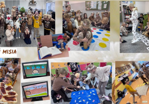 Kolaż przedstawia sceny z zajęć szkolnych. Uczniowie pozują ze swoimi ulubionymi pluszakami, dumnie trzymając je w ramionach. Na kolejnych ujęciach widać, jak przechodzą po kolorowej planszy z narysowanymi kołami, stawiając kroki jeden za drugim, aby dotrzeć do stojącego na końcu „szlaku” słoika miodu. Na innych zdjęciach dzieci „łowią” papierowe rybki – aby je zdobyć, wykonują proste działania matematyczne. Na szkolnym korytarzu zapisują na podłodze zdania opisujące niedźwiedzia. Kolaż kończą kadry z biblioteki, gdzie uczniowie degustują kanapki z marmoladą, siedząc przy stolikach z książkami w tle.