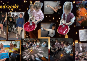 Kolaż zdjęć przedstawiający lanie wosku, jedną z najstarszych tradycji andrzejkowych. Roztopiony wosk uczniowie wlewają przez dziurkę od klucza do miski z wodą, a następnie próbują odczytać kształty, które powstały. Każdy kształt ma swoje symboliczne znaczenie. Wróżba z butami. Pierwszy but, który przekroczy próg sali lekcyjnej, symbolizuje osobę, która jako pierwsza wyjdzie za mąż lub się ożeni. Wróżba „Co Cię spotka?” polega na losowaniu zapisanych na kartkach wydarzeń, takich jak „wielka miłość”, „nowi przyjaciele” czy „przyjemna podróż”. Dzieci kręcą kołem i sprawdzają, co je czeka w przyszłości. „Worek z zawodami” to wróżba, w której uczniowie losują karty z nazwami różnych zawodów, np. lekarz, strażak, nauczyciel czy architekt. Zabawa stała się inspiracją do rozmów o marzeniach i planach na przyszłość oraz o zawodach, które dzieci chciałyby wykonywać, kiedy dorosną.