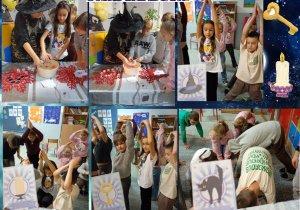 Na zdjęciu widać uczniów klasy 2a biorących udział w zabawach andrzejkowych. Dzieci leją wosk przez klucz oraz wykonują ćwiczenia gimnastyczne zapisane na kartach.