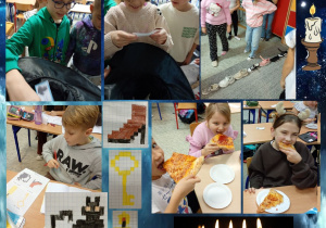 Uczniowie losują kartki z andrzejkowymi wróżbami i biorą udział w zabawie z butami. Chłopiec odwzorowuje andrzejkowe obrazki w kratkach, natomiast dziewczynki zajadają się pyszną pizzą.