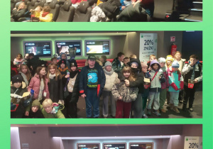 Kolaż zdjęć przedstawia uczniów klas trzecich w kinie.