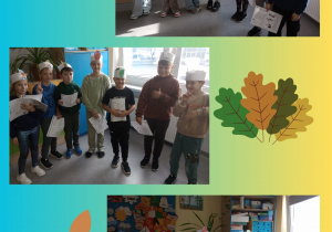 Kolaż zdjęć przedstawia uczniów klasy 3b podczas inscenizacji.