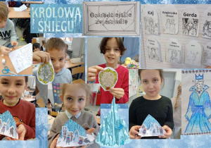 Uczniowie klasy 2a trzymają w dłoniach wyklejone folią aluminiową lustra oraz wykonane przez siebie prace techniczne pt. „W zamku Królowej Śniegu”. Na jednym ze zdjęć widać ucznia pracującego w zeszycie. Układa on układankę tworzącą napis „Czarodziejskie zwierciadło”, uzupełnia zdania brakującymi wyrazami oraz przykleja wizerunki bohaterów baśni.