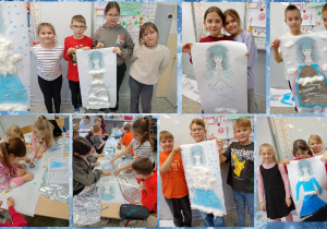 Uczniowie w grupach projektują suknię Królowej Śniegu, wykorzystując pastele, folię aluminiową oraz watę. Na zdjęciach widać ukończone prace. Każda grupa stworzyła własną, oryginalną interpretację zimowej kreacji, łącząc rysunek z elementami przestrzennymi.