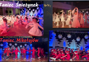 Kolaż zdjęć przedstawiający taniec grupowy chłopców przebranych w stroje Mikołajów. Marsz po kole w korowodzie. Taniec grupowy dziewczynek ubranych w białe stroje z chusteczkami w dłoniach.