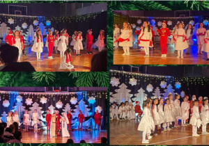 Kolaż zdjęć przedstawiający uczniów klas drugich podczas wspólnego śpiewania kolęd na sali gimnastycznej.